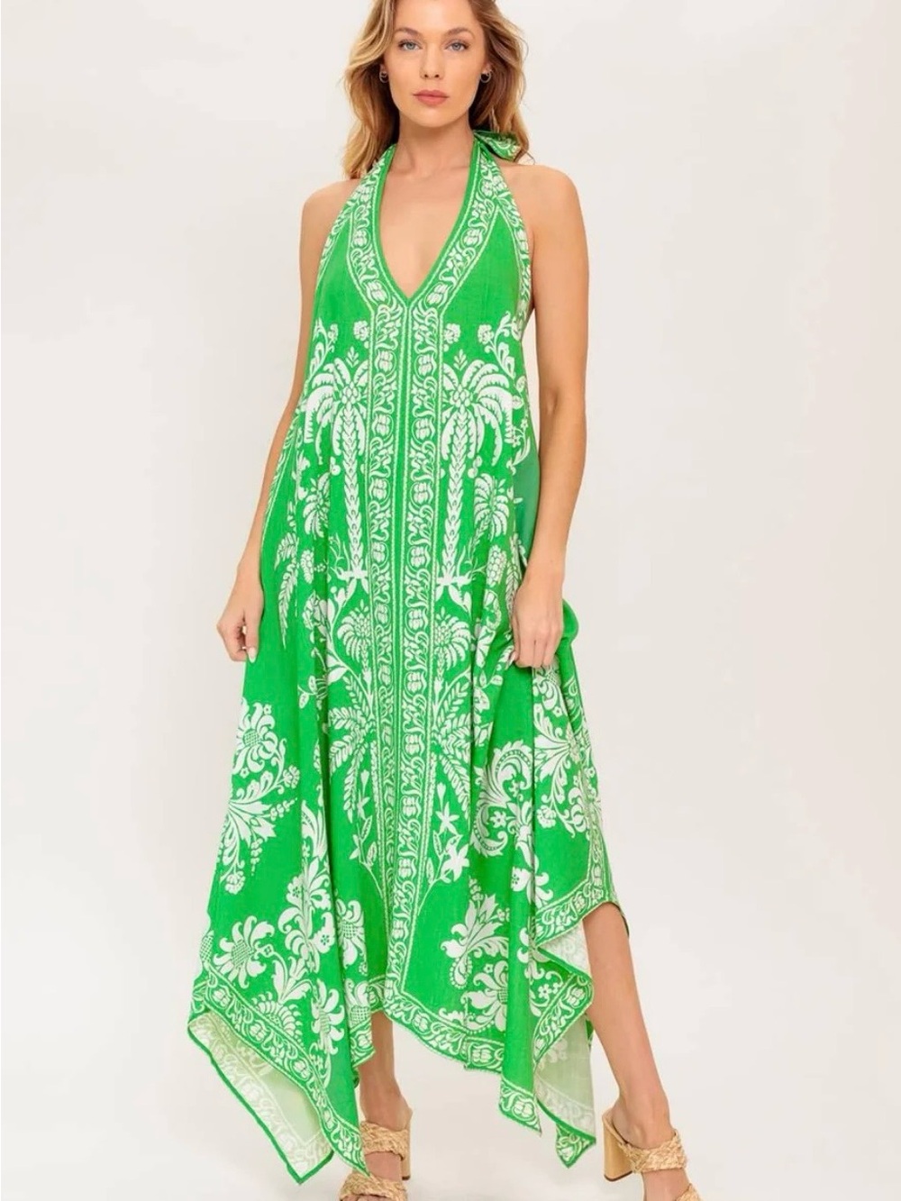 Flying Tomato “Hold Onto Hope” Green Floral Halter Backless Dress with Hanky Hem